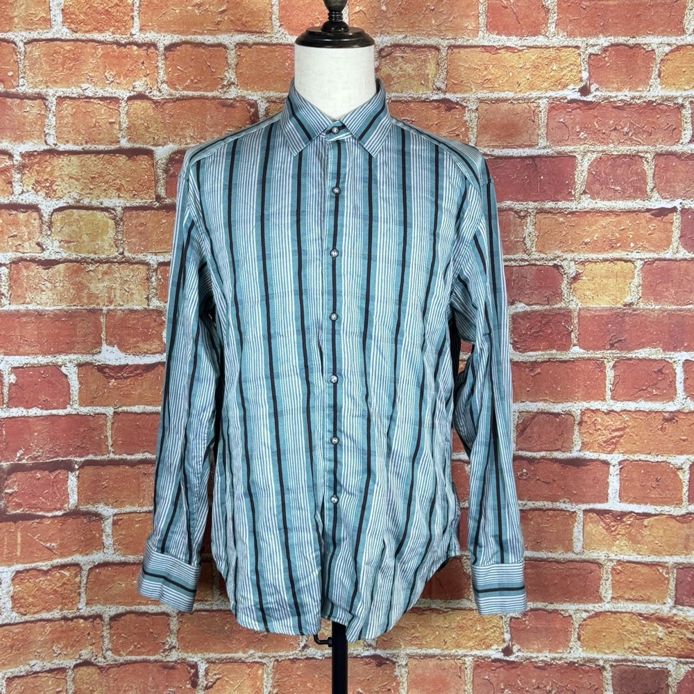 Robert Graham Shirt Men's XL Green Striped Button Down Long‎ Sleeves Cotton